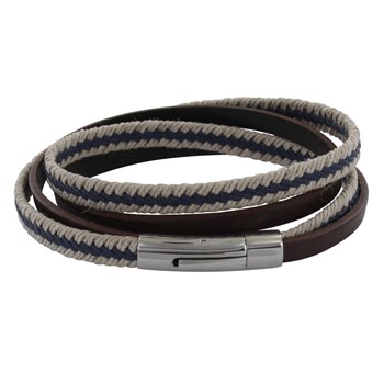 Bracelet Homme Double Tour Cuir Marron Foncé Tresse en Lin Bleu et Beige - taille 20 cm
