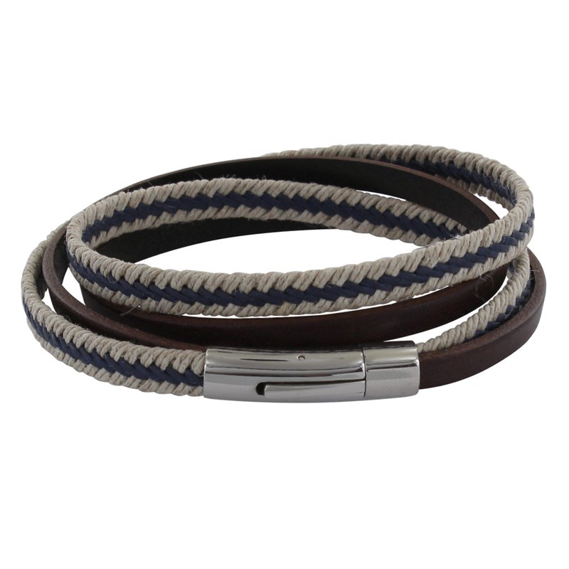 Bracelet Homme Double Tour Cuir Marron Foncé Tresse en Lin Bleu et Beige - taille 20 cm