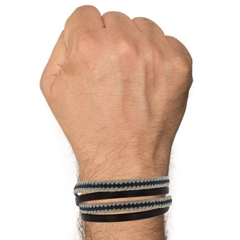 Bracelet Homme Double Tour Cuir Marron Foncé Tresse en Lin Bleu et Beige - taille 20 cm