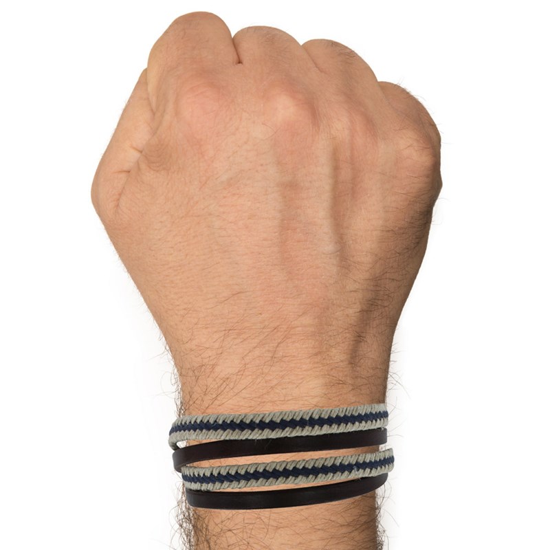 Bracelet Homme Double Tour Cuir Marron Foncé Tresse en Lin Bleu et Beige - taille 20 cm - vue 2