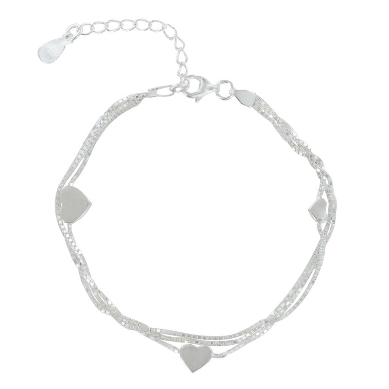 Bracelet Argent 925 Trois Rangs et Coeurs