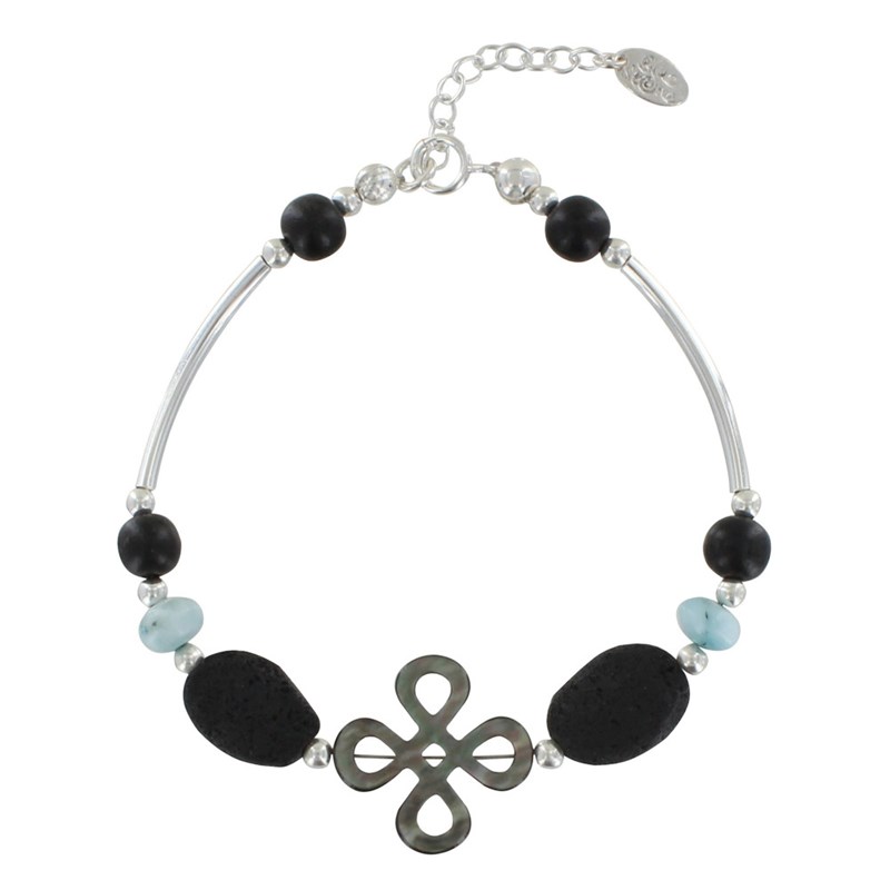 Bracelet Tube Argent 925 Trèfle de Nacre Perles de Larimar et Lave