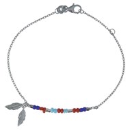 Bracelet Argent Rhodié Petite Plume et Perles Bleu Rouge Turquoise