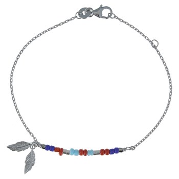 Bracelet Argent Rhodié Petite Plume et Perles Bleu Rouge Turquoise