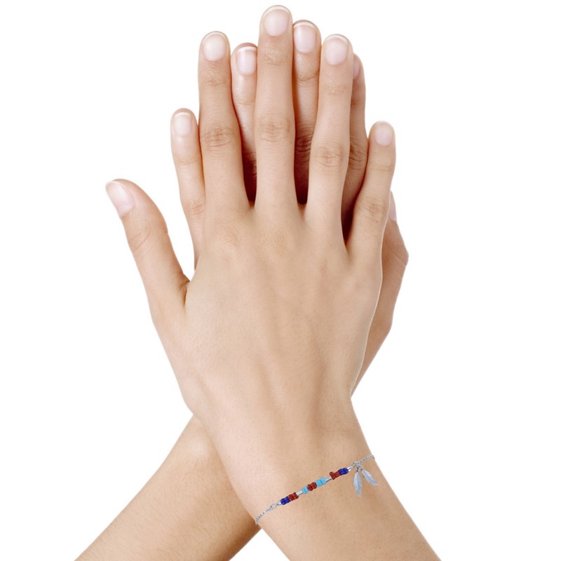 Bracelet Argent Rhodié Petite Plume et Perles Bleu Rouge Turquoise - vue 2