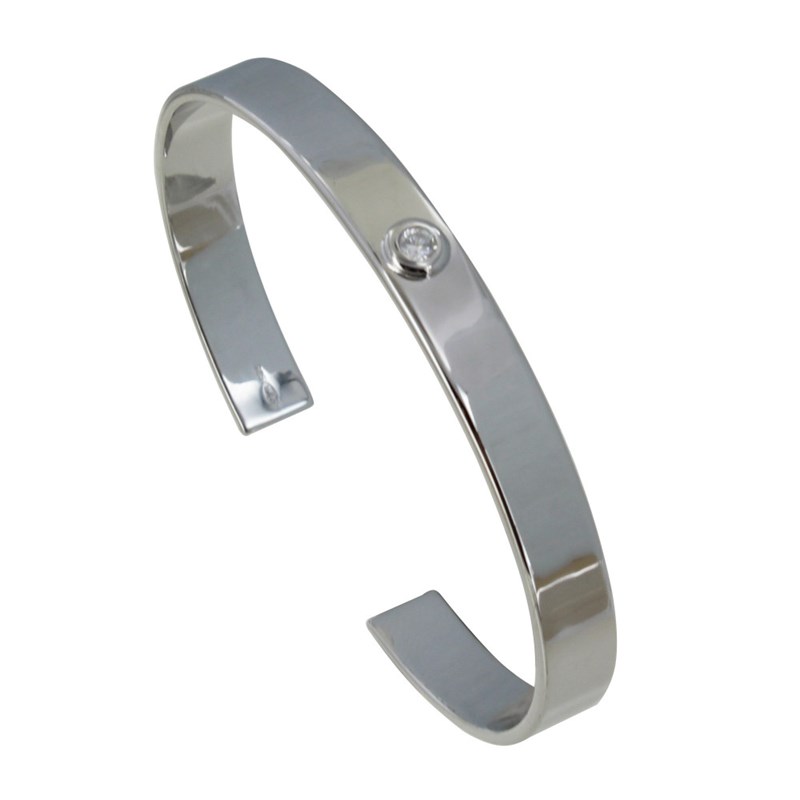Bracelet Argent 925 Rhodié Demi Jonc Plat et Un Strass