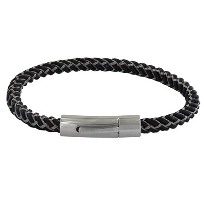 Bracelet Homme Cuir et Acier Tréssé Rond - Noir - Homme - Bracelet souple |  MATY