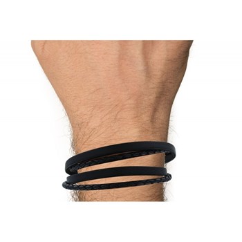 Bracelet Homme Cuir Deux Liens Plat et Tréssé Rond - Classics - Noir