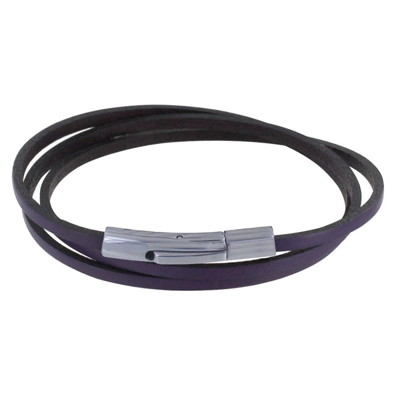 Bracelet Femme Cuir Plat Fermoir Acier Inoxydable - Classics - Violet
