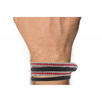 Bracelet Homme Double Tour Cuir Marron Foncé Tresse en Lin Rouge et Beige