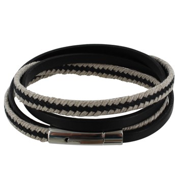 Bracelet Homme Double Tour Cuir Noir Tresse en Lin Noir et Beige
