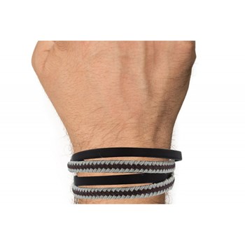Bracelet Homme Double Tour Cuir Noir Tresse en Lin Noir et Beige