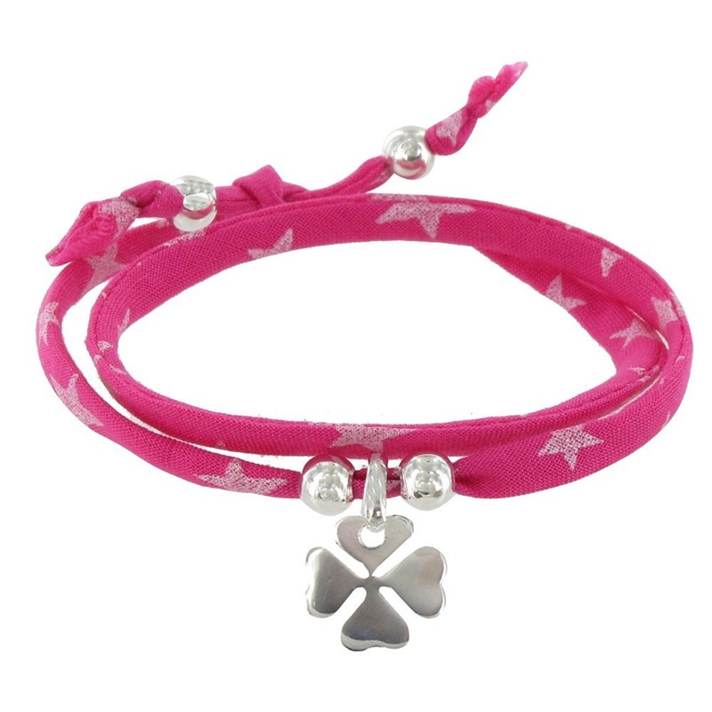 Bracelet Double Tour Lien Etoiles et Trèfle Argent 925 - Colors - Fuchsia