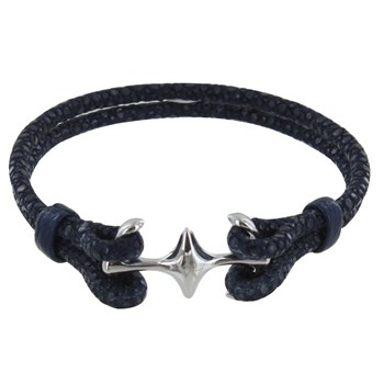 Bracelet Mixte Argent 925 Rhodié Double Ancre et Cuir - 18cm Classics - Bleu Navy