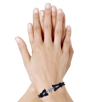 Bracelet Mixte Argent 925 Rhodié Double Ancre et Cuir - 18cm Classics - Bleu Navy