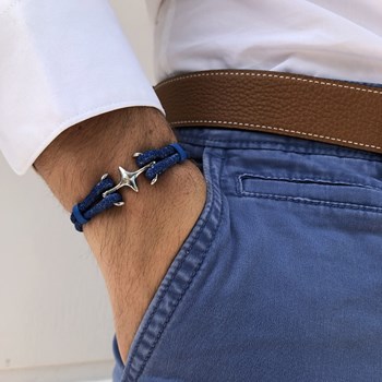 Bracelet Mixte Argent 925 Rhodié Double Ancre et Cuir - 18cm Classics - Bleu Navy