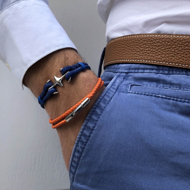 Bracelet Mixte Argent 925 Rhodié Double Ancre et Cuir - 18cm Classics - Bleu Navy - vue 4