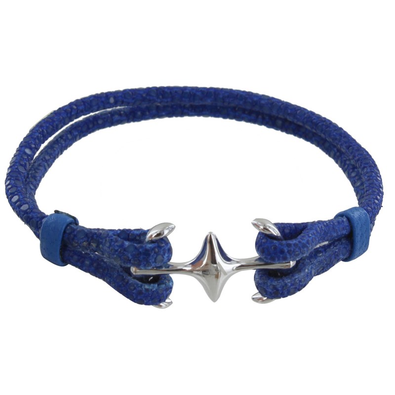 Bracelet Mixte Argent 925 Rhodié Double Ancre et Cuir - 18cm Colors - Azur