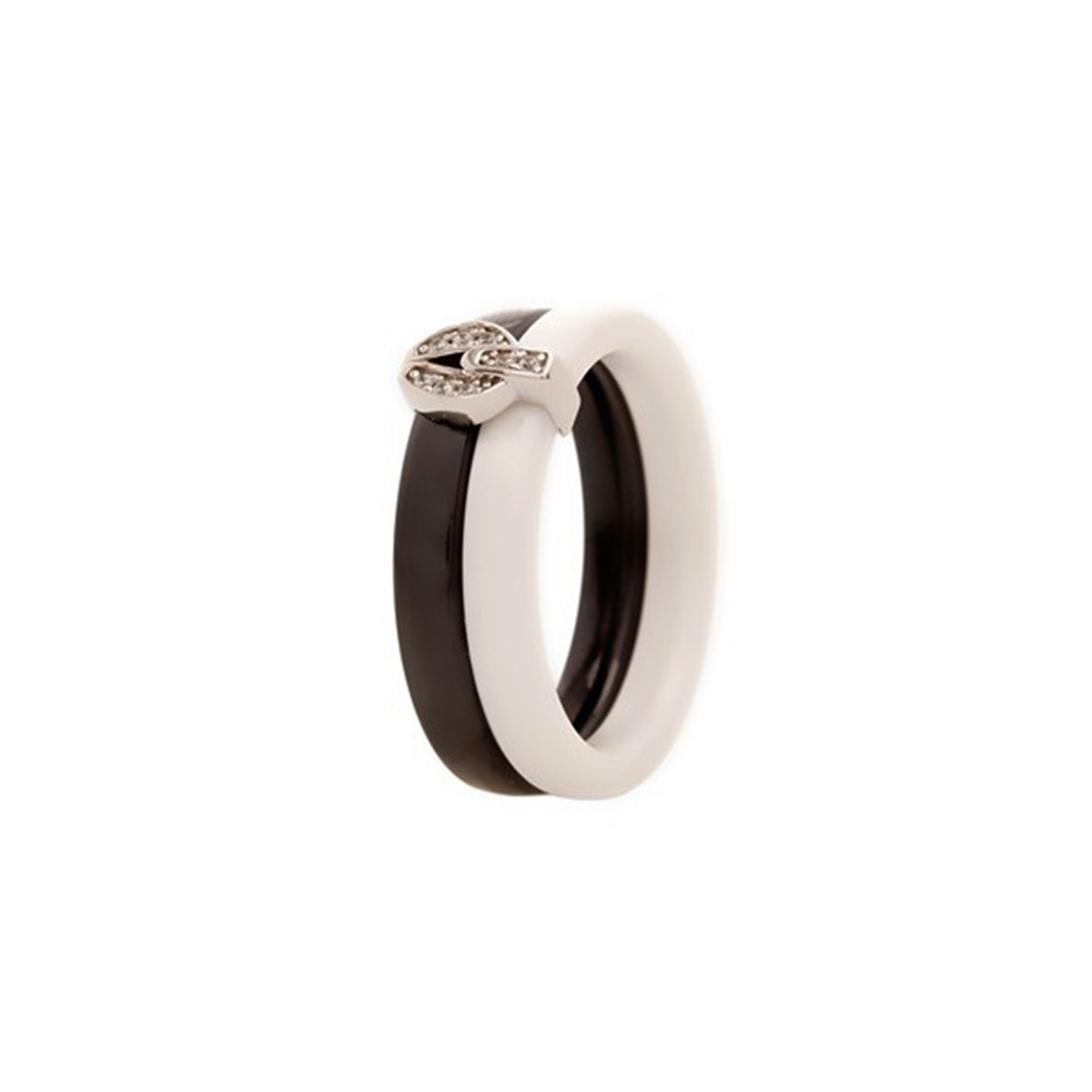 Bague céramique blanche et noire argent et oxydes de zirconium Fidèle