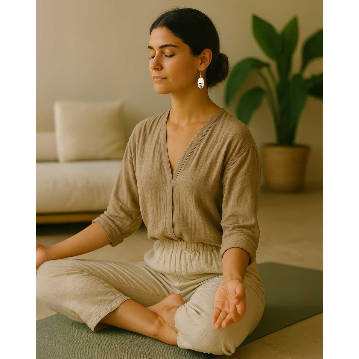 Boucles d'Oreille Yoga Pincha Mayurasana en Argent 925 et Nacre Blanche | Collection Zen ADEN - vue 5