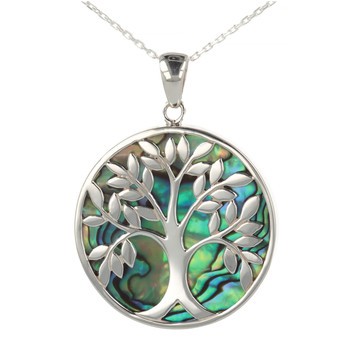 Cadeau bijoux symbole Arbre de vie Pendentif Nacre abalone Argent  rhodié rond femme