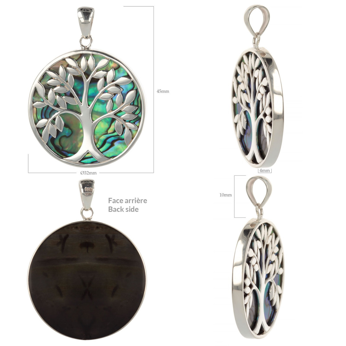 Cadeau bijoux symbole Arbre de vie Pendentif Nacre abalone Argent  rhodié rond femme - vue 3