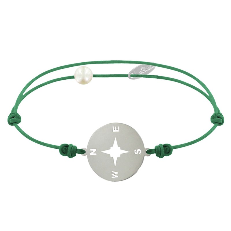Bracelet Lien Médaille Argent 925 Ronde Rose des Vents - Vert