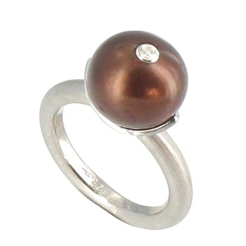 Bague Argent 925 Rhodié Perle de Culture 11 mm Cuivrée et son Strass