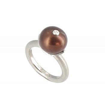 Bague Argent 925 Rhodié Perle de Culture 11 mm Cuivrée et son Strass