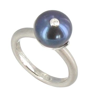 Bague Argent 925 Rhodié Perle de Culture Grise Foncée et son Strass