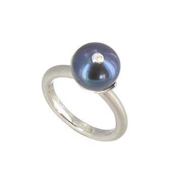 Bague Argent 925 Rhodié Perle de Culture Grise Foncée et son Strass
