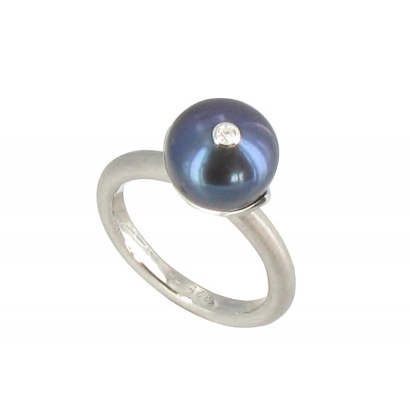 Bague Argent 925 Rhodié Perle de Culture Grise Foncée et son Strass - vue 2