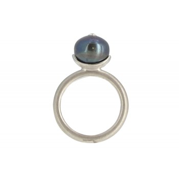 Bague Argent 925 Rhodié Perle de Culture Grise Foncée et son Strass