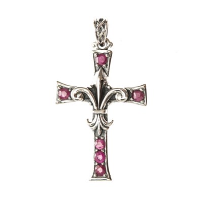 Croix avec pointes fleurs-de-lys Pendentif croix Pierre rouge