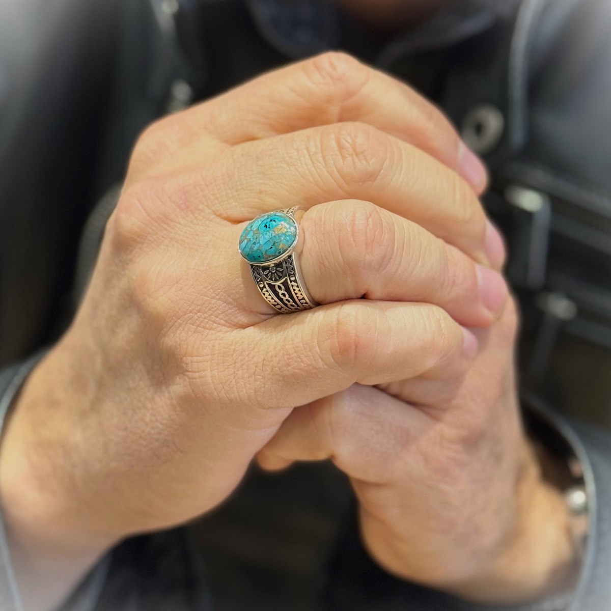 Bague Homme Ethnique Turquoise Argent - vue 2