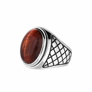 Bague Homme oeil De Tigre Rouge Asymétrique Argent