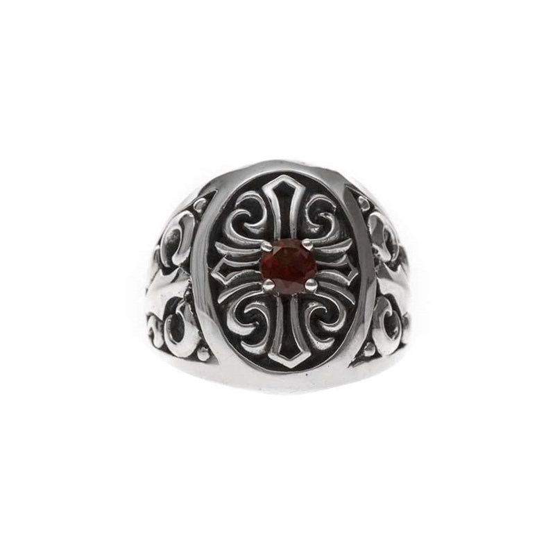 Chevalière Croix Pierre oeil De Tigre Rouge Argent