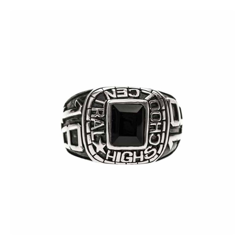 Chevalière Argent Homme Universitaire Pierre Quartz Noire Argent