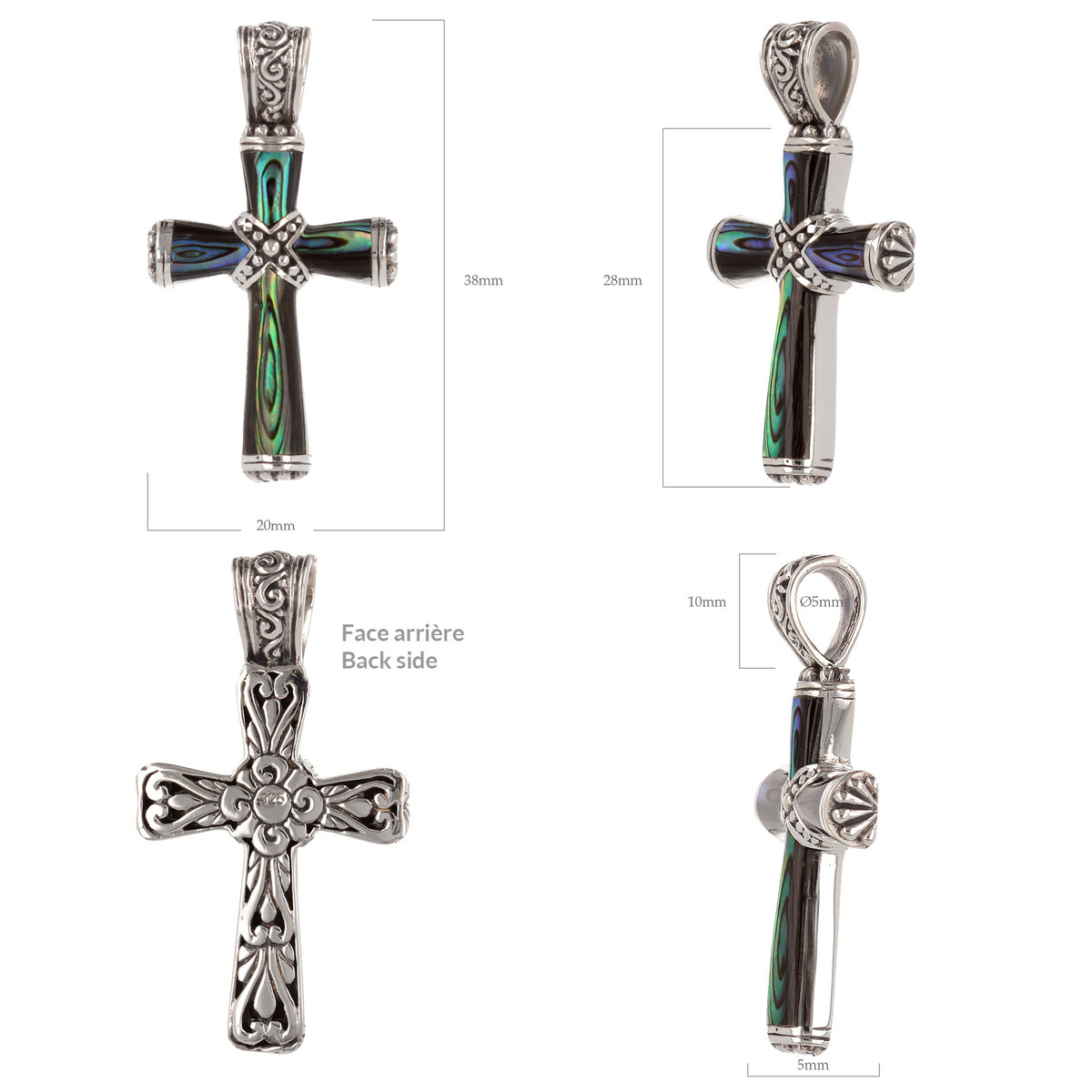 Pendentif croix en Nacre abalone et Argent massif - vue 3