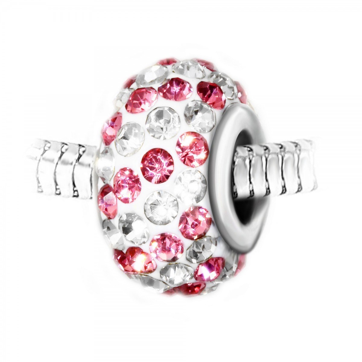 Charm perle pavé de cristaux roses et blancs et acier SC Crystal