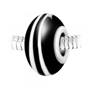 Black and white glass spiral bead charm decorated by hand and SC Crystal steel