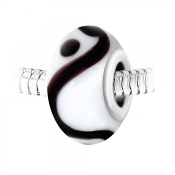 Black and white glass spiral bead charm decorated by hand and SC Crystal steel