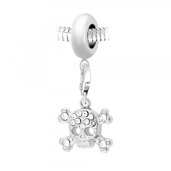 SC Crystal steel bead charm with skull and crossbones pendant adorned with sparkling crystals