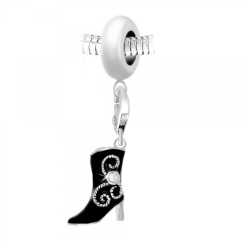 SC Crystal steel bead charm with black boot pendant adorned with sparkling crystals