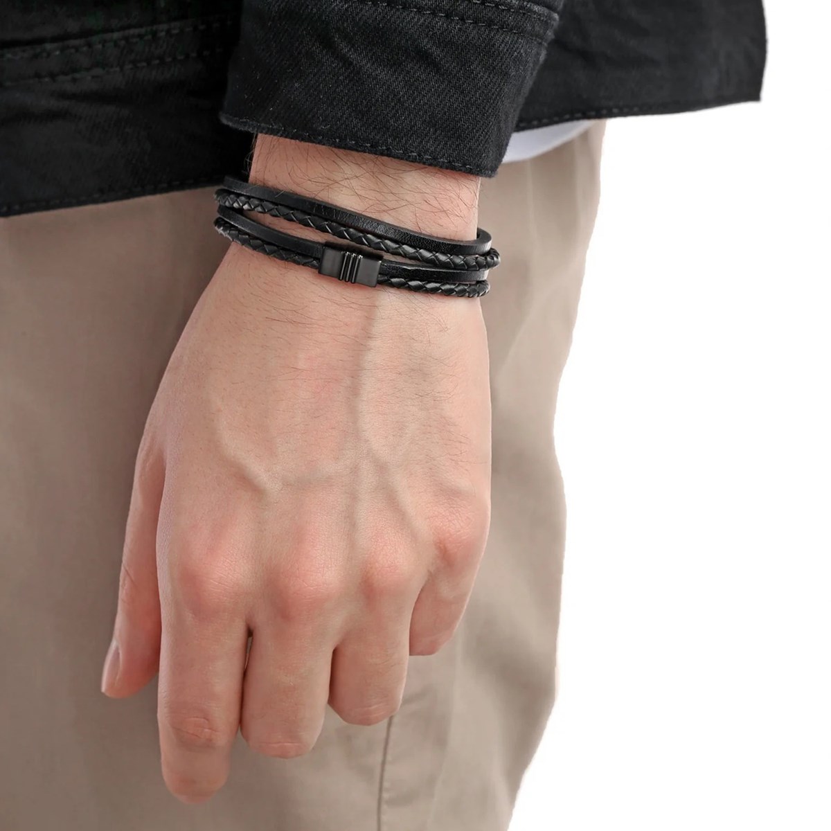 Bracelet Fossil homme cuir noir multi-rangs - vue 2