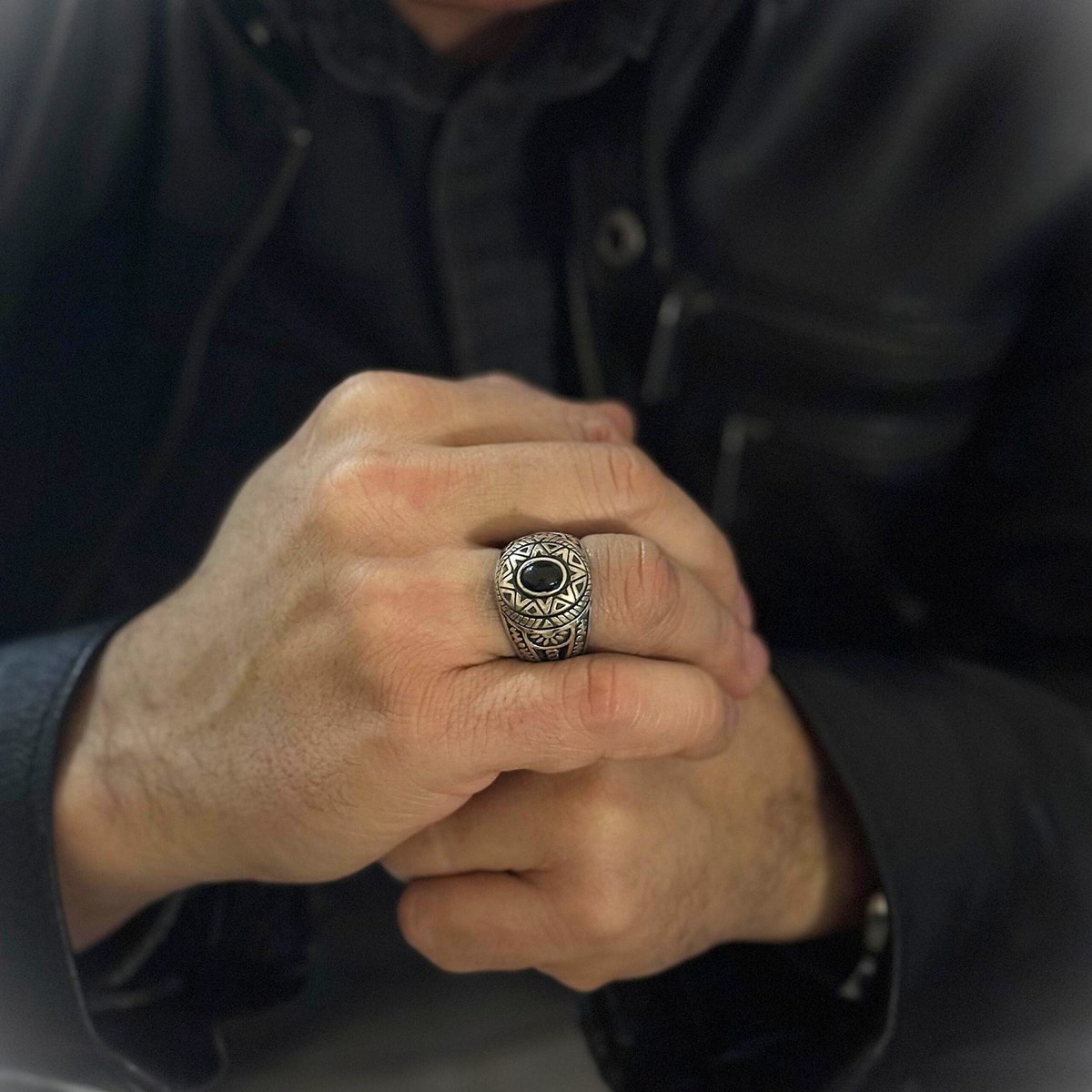 Bague Homme Argent Soleil Ethnique Onyx - vue 2