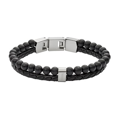 Bracelet pour homme et femme perles acier inoxydable et cuir noir 21/19 cm
