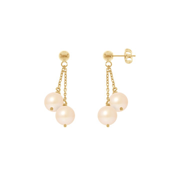 Boucles d'Oreilles Femme Pendantes Double Perles de Culture Roses et or jaune 750/1000