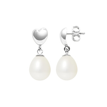 Boucles d'Oreilles Coeurs Pendantes Perles de Culture Blanches et or blanc 375/1000