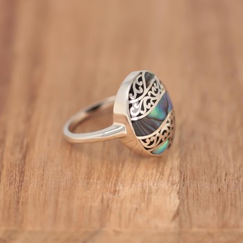 Bague d'Exception : Nacre Abalone Naturelle et Dentelles d'Argent 925 pour un Style Inimitable | Aden
